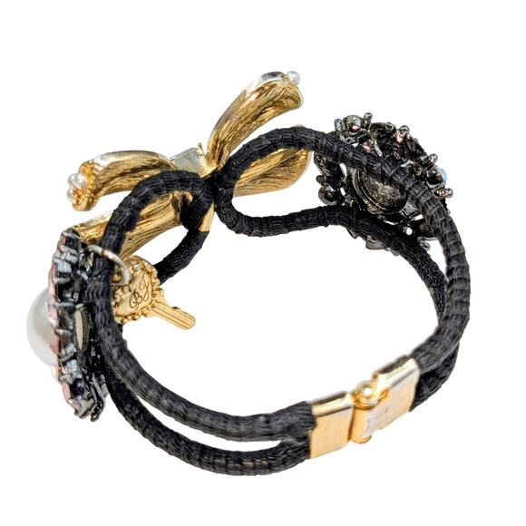 Betsey Johnson Faux Pearl Rhinestone Embellished Bow Hinged Cuff Bracelet - Picture 5 of 7